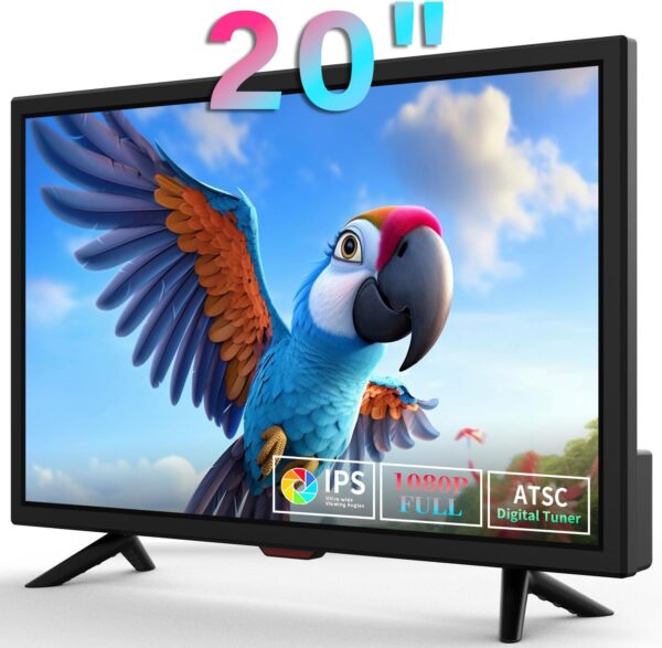 TV 20 inch,Small Kitchen Flat Screen TV with Headphones,HDMI,USB and VGA Ports,DV-12V Cable & AC Adapter for use in Your Bedroom & Caravan (Full View TV)
