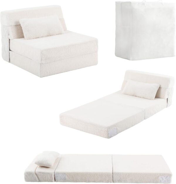 Tiita Folding Sofa Bed for Kids, Quad-Fold Mattress with Pillow, Soft Plush Couch, Portable Storage Bag, Convertible Lounger, for Playroom, Living Room, Guest Room, Beige