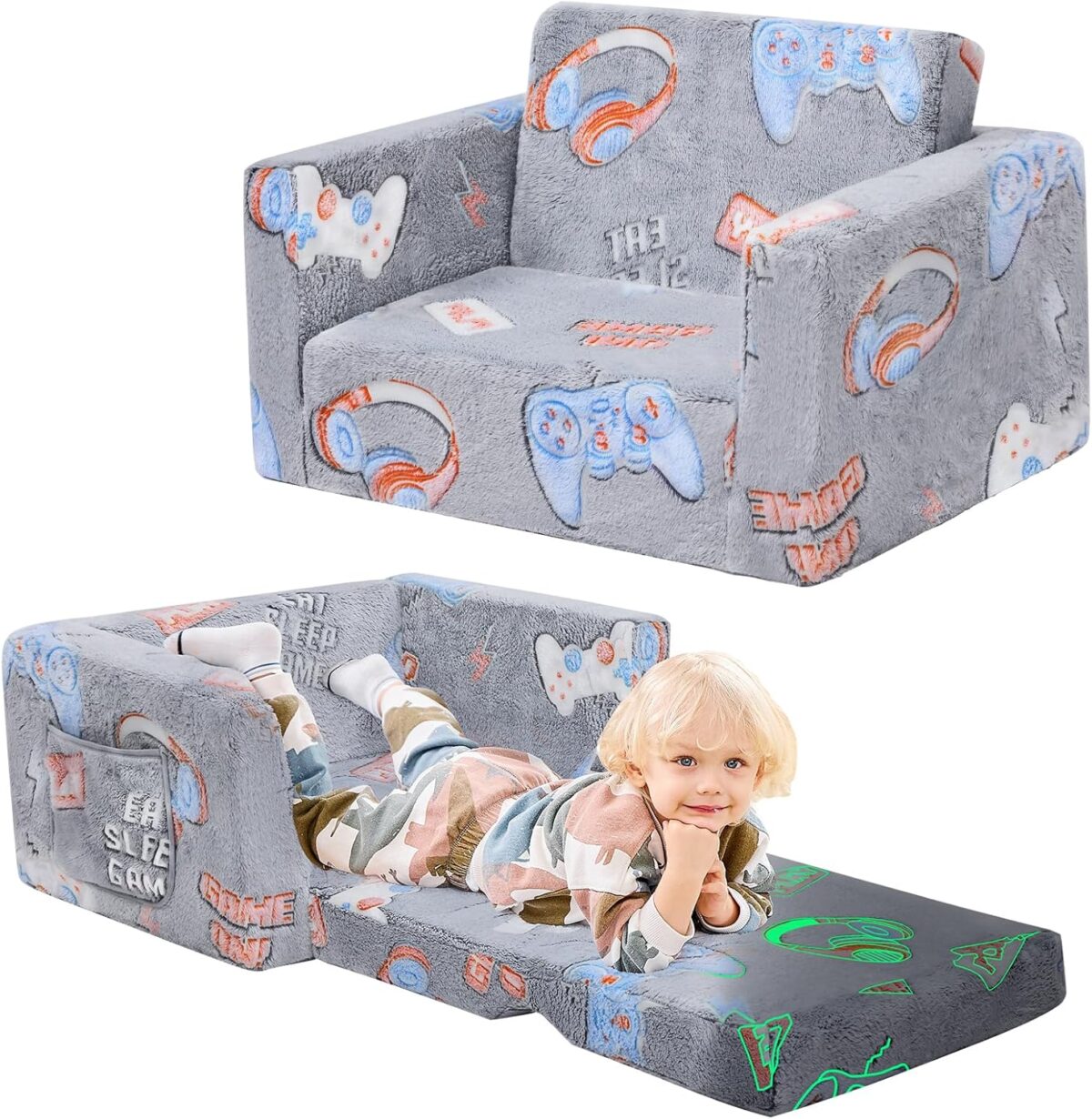 Toddler Chair Comfy, Game Kids Couch, 2-in-1 Soft Toddler Couch Fold Out, Convertible Sofa to Lounger