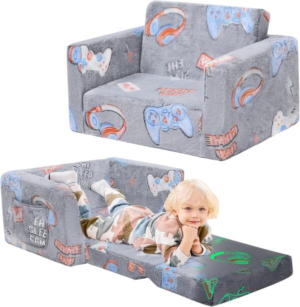 Toddler Chair Comfy, Game Kids Couch, 2-in-1 Soft Toddler Couch Fold Out, Convertible Sofa to Lounger
