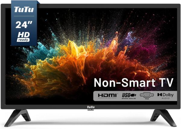 TuTu 24-inch 720P HD LED Flat Screen TV or Monitor with Dolby Audio, HDMI, USB, VGA, RCA, Dual Channel Speakers, Non-Smart TV for Room, Kitchen, Office, or RV Camper