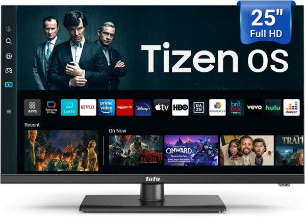 TuTu 25 Inch FHD Smart TV, Tizen OS 1080p Full HD Central Stand TV with Samsung TV Plus, Netflix Disney+, Gaming Hub, HDR, Dolby Audio