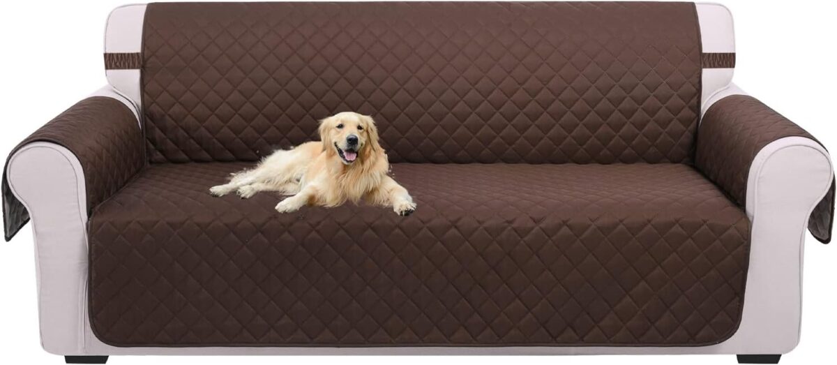 U-NICE HOME Reversible Sofa Cover Couch Cover for Dogs with Elastic Straps Water Repellent Furniture Protector for Pets Couch Cover for 3 Cushion Couch (Sofa, Coffee/Beige)
