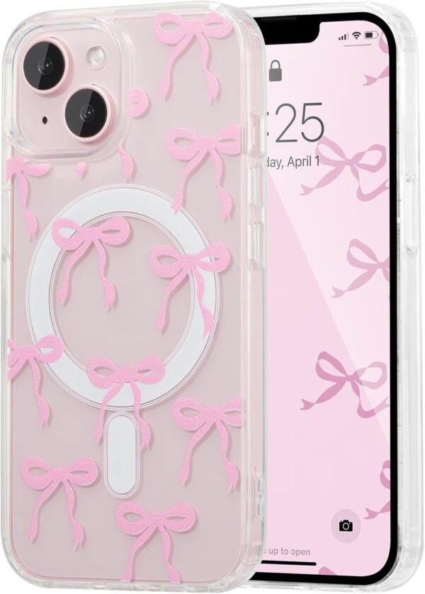 UEEBAI Magnetic for iPhone 14 & iPhone 13 Case, Bow Case Compatible with MagSafe, Wireless Slim Clear Ribbon Phone Cover Anti-Yellowing Shockproof Protective Cover for Women Girl – Pink