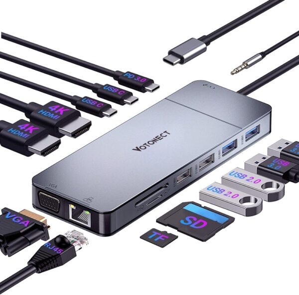 USB-C Docking Station with Dual 4K HDMI Ports 14-in-1 Multiport Adapter for Dell, HP, Lenovo Laptops Supports Ethernet, 2x USB3.0, 2x USB2.0, USB C3.0, VGA, SD/TF, 100W PD Charging, and Audio