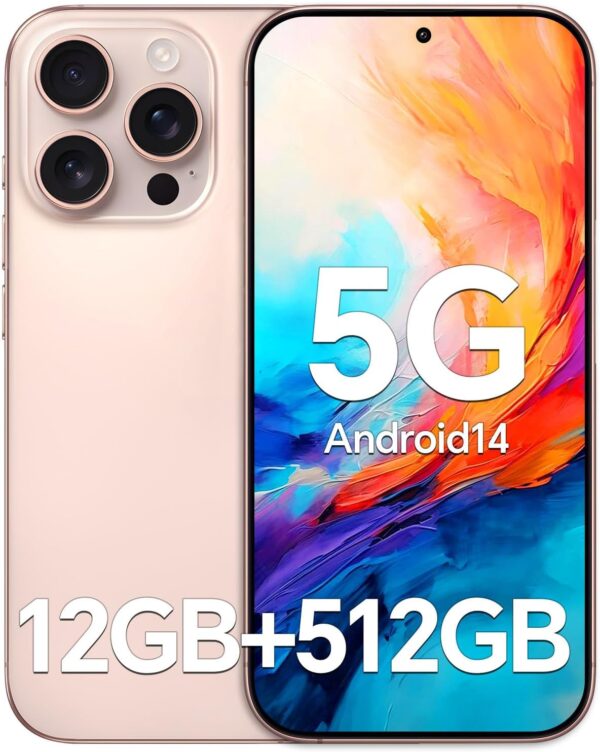 Unlocked Cell Phones A16PM, Android 14 Smartphone, 12+512GB Android Phone, 6.7 inch HD Screen, 5G Dual SIM Dual Standby, 6800mAh Battery, 108MP+48MP Camera, Support Face ID/WiFi/Bluetooth/GPS, Gold