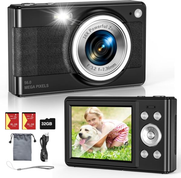 Upgrade Digital Camera, 56MP FHD 1080P Camera for Kids with 16x Zoom Anti Shake, Kid Camera with 32GB TF Card, Two Batteries, Lanyard, Compact Small for Kids Boys Girls（Black）