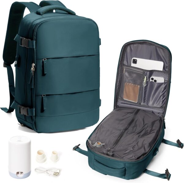 Vacuum Travel Backpack for Women Men Seal Compression Airback Vacpack with Pump laptop Compression Bags with Shoe Compartment Flight Approved Personal item Travel Bag Carrry on Luggage Peacock Blue