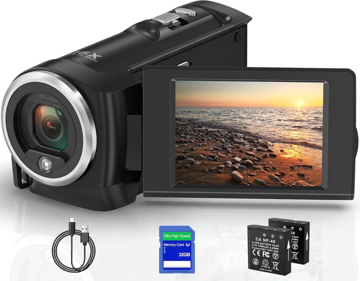 Video Camera QHD 2.7K 50MP Camcorder 16X Digital Video Camera for YouTube, 2.8” 270 Degree Rotation Screen Video Recorder Vlogging Camera with 32GB Card and Two Batteries