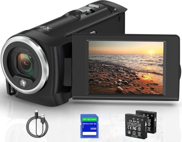 Video Camera QHD 2.7K 50MP Camcorder 16X Digital Video Camera for YouTube, 2.8” 270 Degree Rotation Screen Video Recorder Vlogging Camera with 32GB Card and Two Batteries