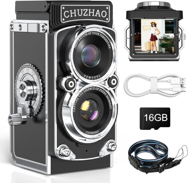 Vintage Digital Camera, Retro Camera 12MP Photos 1080P FHD Video Auto Focus, Mini Vintage Camera with 16GB Card Portable Retro Style for Beginners Teens Adults Kids Black