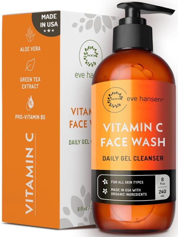 Vitamin C Cleanser Face Wash – HUGE 8 oz Gentle Facial Cleansing Gel for Uneven Skin Tone, Age Spots and Fine Lines – Natural Face Soap with Aloe Vera, Green Tea, Ginseng