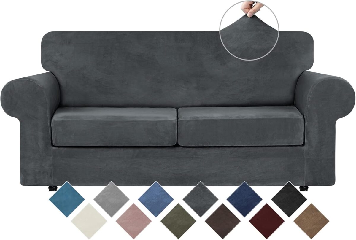 WEERRW Velvet Couch Covers for 2 Cushion Couch Sofa – High Stretch Luxury Velvet Plush 3 Pieces Sofa Slipcovers with Elastic Bottom, Furniture Protector for Pets, Machine Washable, Dark Grey, Medium