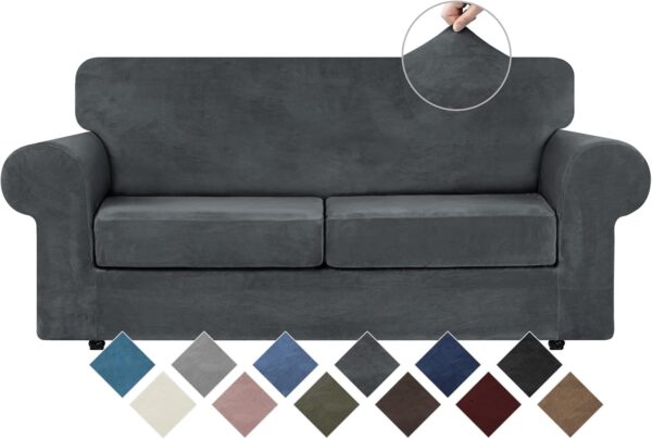 WEERRW Velvet Couch Covers for 2 Cushion Couch Sofa – High Stretch Luxury Velvet Plush 3 Pieces Sofa Slipcovers with Elastic Bottom, Furniture Protector for Pets, Machine Washable, Dark Grey, Medium
