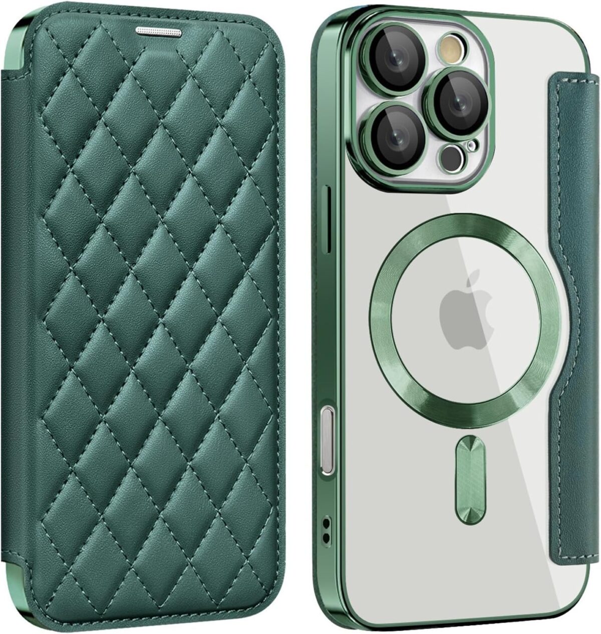 Wallet Case for iPhone 16 Pro Max/16 Pro/16 Plus/16, Compatible with MagSafe Full Camera Protection Luxury Quilted Leather Plating Crystal Clear Case with Card Holder
