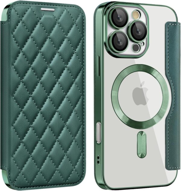 Wallet Case for iPhone 16 Pro Max/16 Pro/16 Plus/16, Compatible with MagSafe Full Camera Protection Luxury Quilted Leather Plating Crystal Clear Case with Card Holder