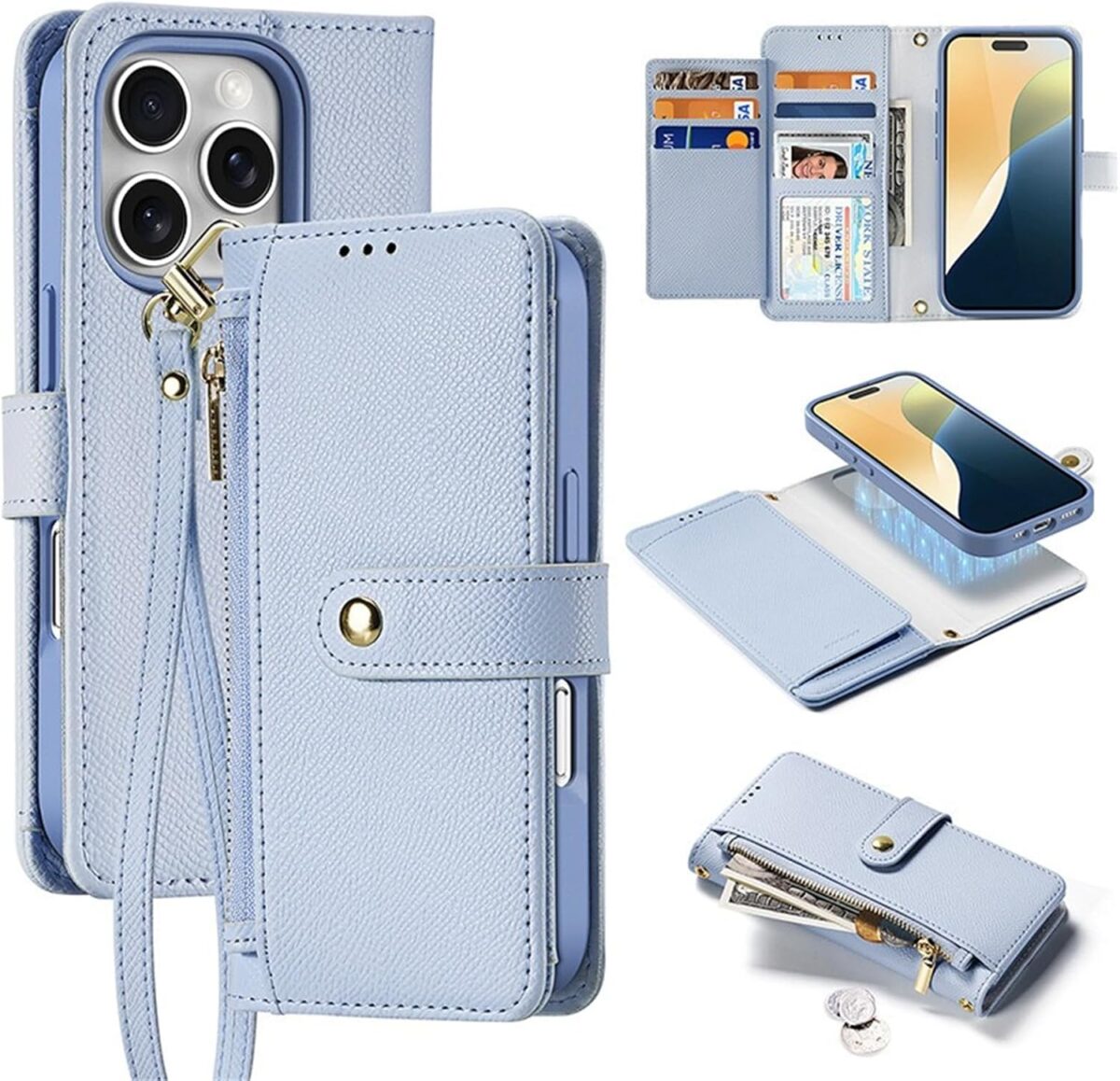 Wallet Case for iPhone 16/16 Plus/16 Pro/16 Pro Max, PU Leather Case with Card Holder, Detachable Magnetic, Crossbody Strap, Shockproof Protective Phone Cover