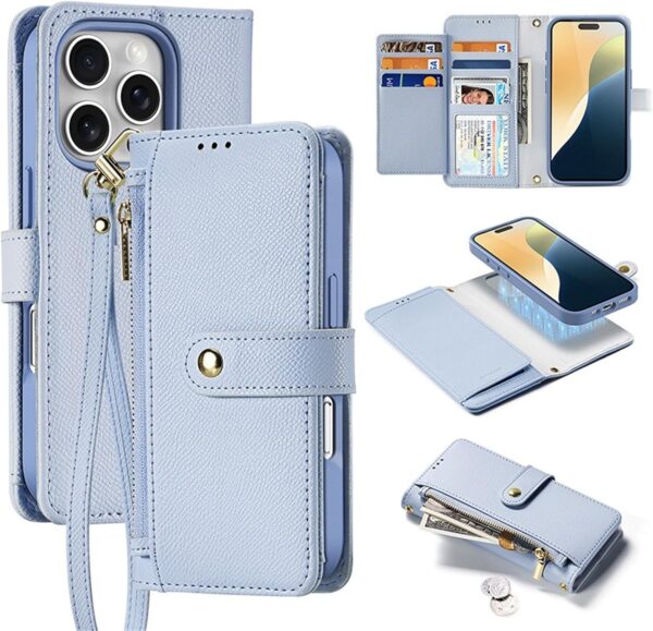 Wallet Case for iPhone 16/16 Plus/16 Pro/16 Pro Max, PU Leather Case with Card Holder, Detachable Magnetic, Crossbody Strap, Shockproof Protective Phone Cover