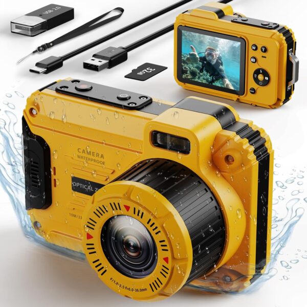 Waterproof Camera, 48MP Digital Camera Underwater with 32GB TF Card, 2.8″ IPS Screen 33FT Waterproof, 6X Digital Zoom, Dustproof Shockproof for Snorkeling, Surfing, Rafting