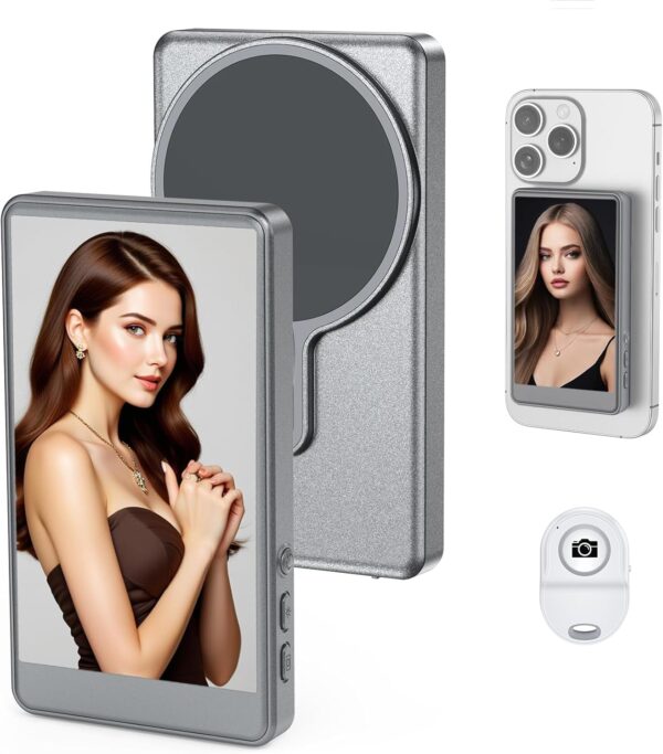Wireless Selfie Monitor Screen for iPhone, Rear Back Camera for Selfie Vlog Live Stream, Connection with Remote Control Magnetic Mount for iPhone Samsung Galaxy, and More (Grey, 4 Inch)