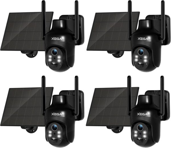 Xega 4 Pack Security Camera Wireless Outdoor, 2K PTZ Camera WiFi Surveillance Rechargeable Battery with Solar Panel, Color Night Vision, 2-Way Audio, PIR Motion Detection, Spotlight & Siren, IP66