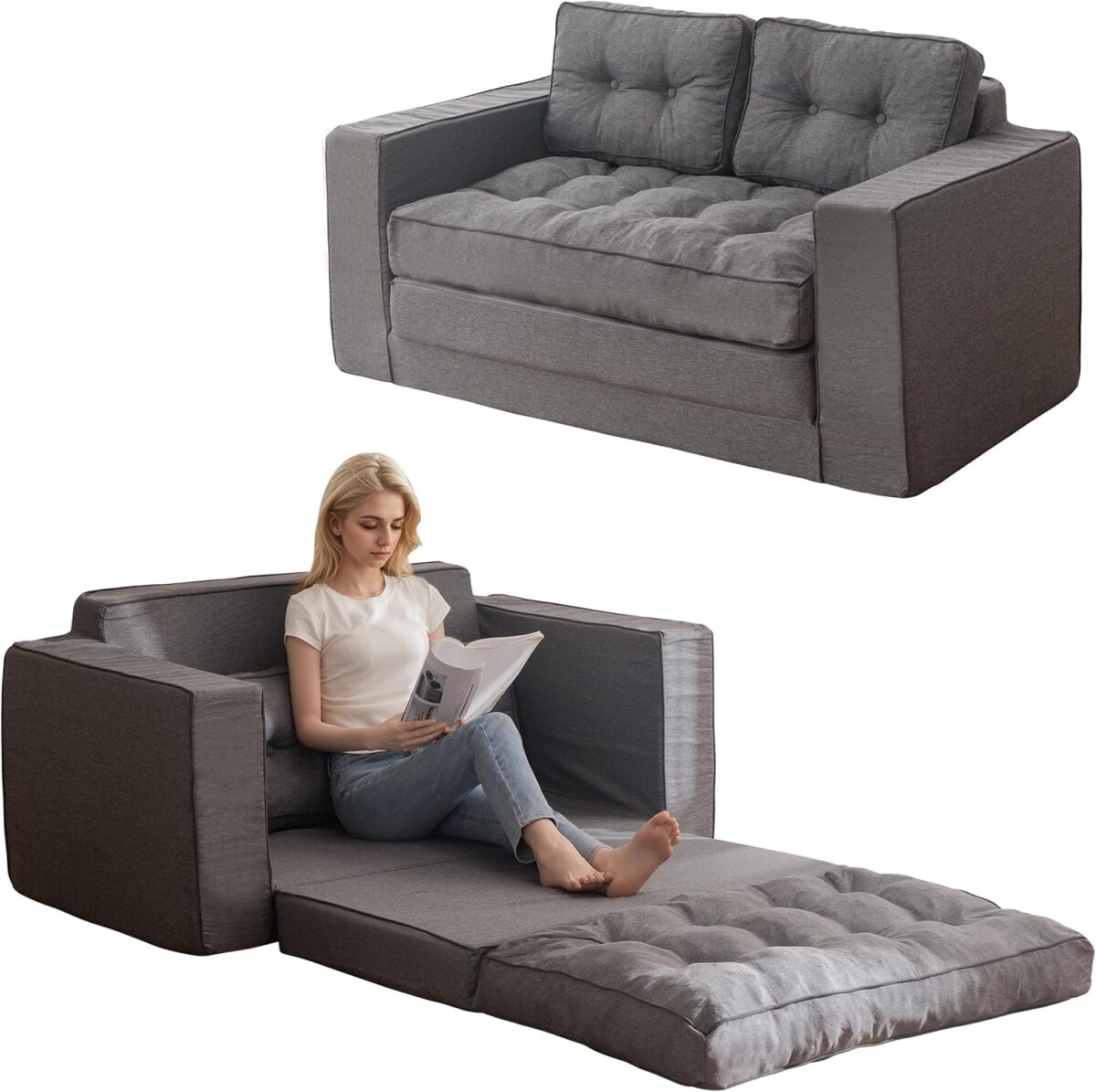 YOSHOOT Loveseat Sleeper Sofa,55″ Convertible Sofa Bed Couch Futon Couches for Living Room,3-in-1 Pull Out Floor Couch with Reclining Backrest and Pillows