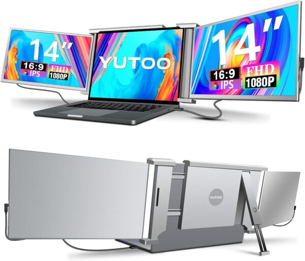 YUTOO Laptop Screen Extender, 14″ Portable Triple Monitor for Laptop 315°Rotate| Plug and Play| 1080P| FHD, Laptop Monitor Extender for 13.5”-16.5” Laptops, HDMI/USB-A/Type-C,for Mac/Wins/Android/Dex