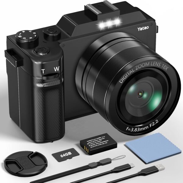 Yatao Digital Camera with WiFi, 64MP Photography and 4K 5K Vlogging Camera Kit for YouTube, Front and Rear Dual Camera for Convenient Selfie, Equipped with 64GB Micro Card