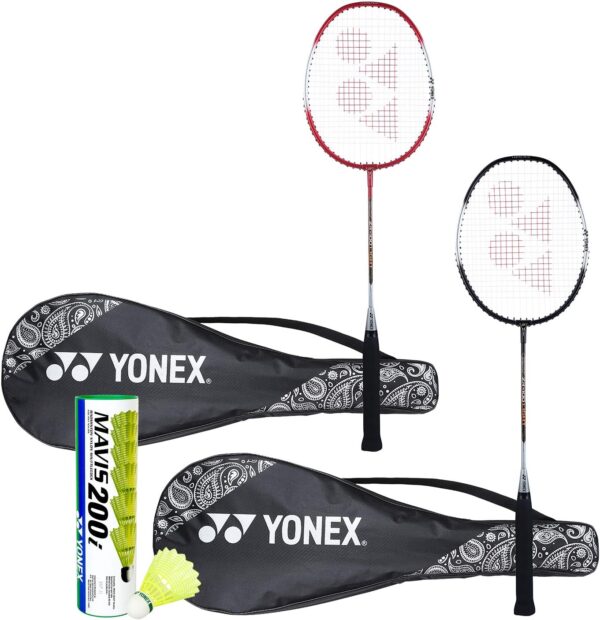 Yonex ZR 100 Light Badminton Combo (Set of 2 Yonex ZR 100 Light Badminton Racquet with Full Cover Black/Red + Mavis 200I Shuttlecock Pack of 6)