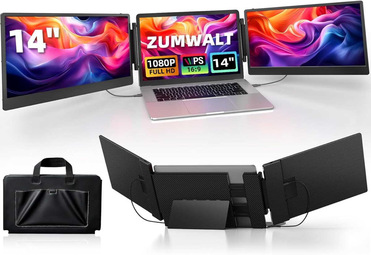ZUMWALT Laptop Screen Extender, 14″ Triple Portable Monitor for Laptop, 1080P FHD Screen Extender Monitors for 13″-16.5″ Laptop, Monitor Extender for MacOS/Windows/Chrome (Built-in Speakers)