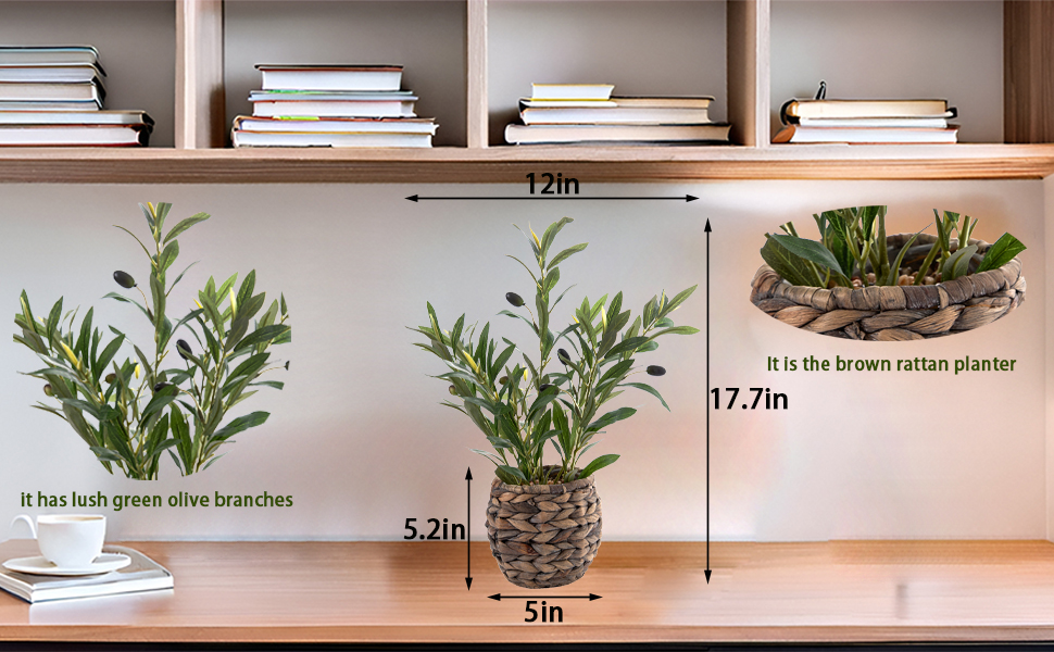 Artificial Olive Plants with Cyan Fruits in Brown Rattan Planter for Shelf Office Desk Kitchen