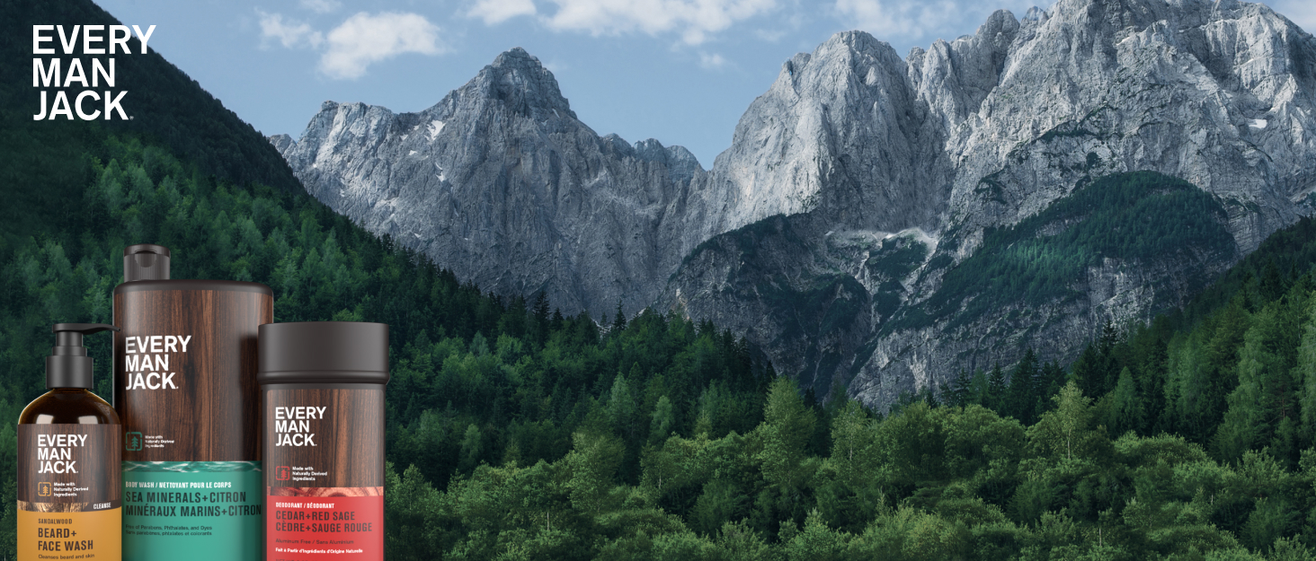 Mountain Background with Every Man Jack logo and products