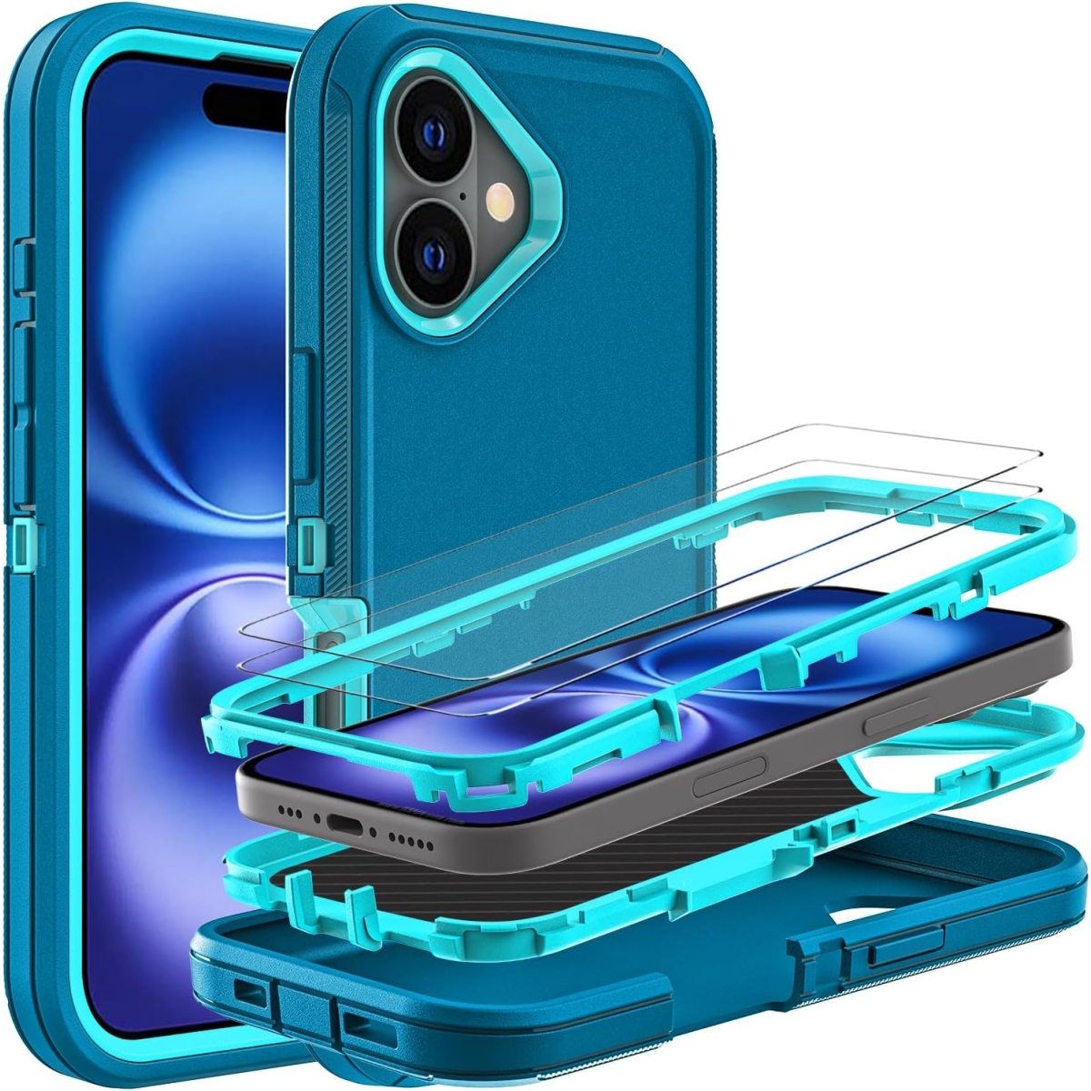 for iPhone 16 Case, Military Grade 3 in 1 Heavy Duty Shockproof/Drop Proof/Dust Proof Case with 2Pcs Tempered Glass Screen Protector (Blue/Turquoise)