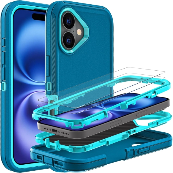 for iPhone 16 Case, Military Grade 3 in 1 Heavy Duty Shockproof/Drop Proof/Dust Proof Case with 2Pcs Tempered Glass Screen Protector (Blue/Turquoise)