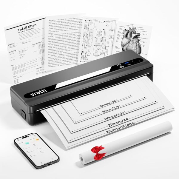 vretti Portable Printer-Wireless A4 Thermal Printer for Travel,Home and Office,Compatible with iOS, Android & Laptop, Support US Letter&A4&B5