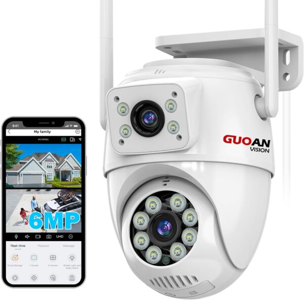 【Dual Lens Linkage】 6MP Security Camera Outdoor, WiFi Security Camera,Outdoor Camera Wireless,360°View,IP66 Waterproof,Human Detection&Tracking,Night Vision,24/7 Record,Corded Power