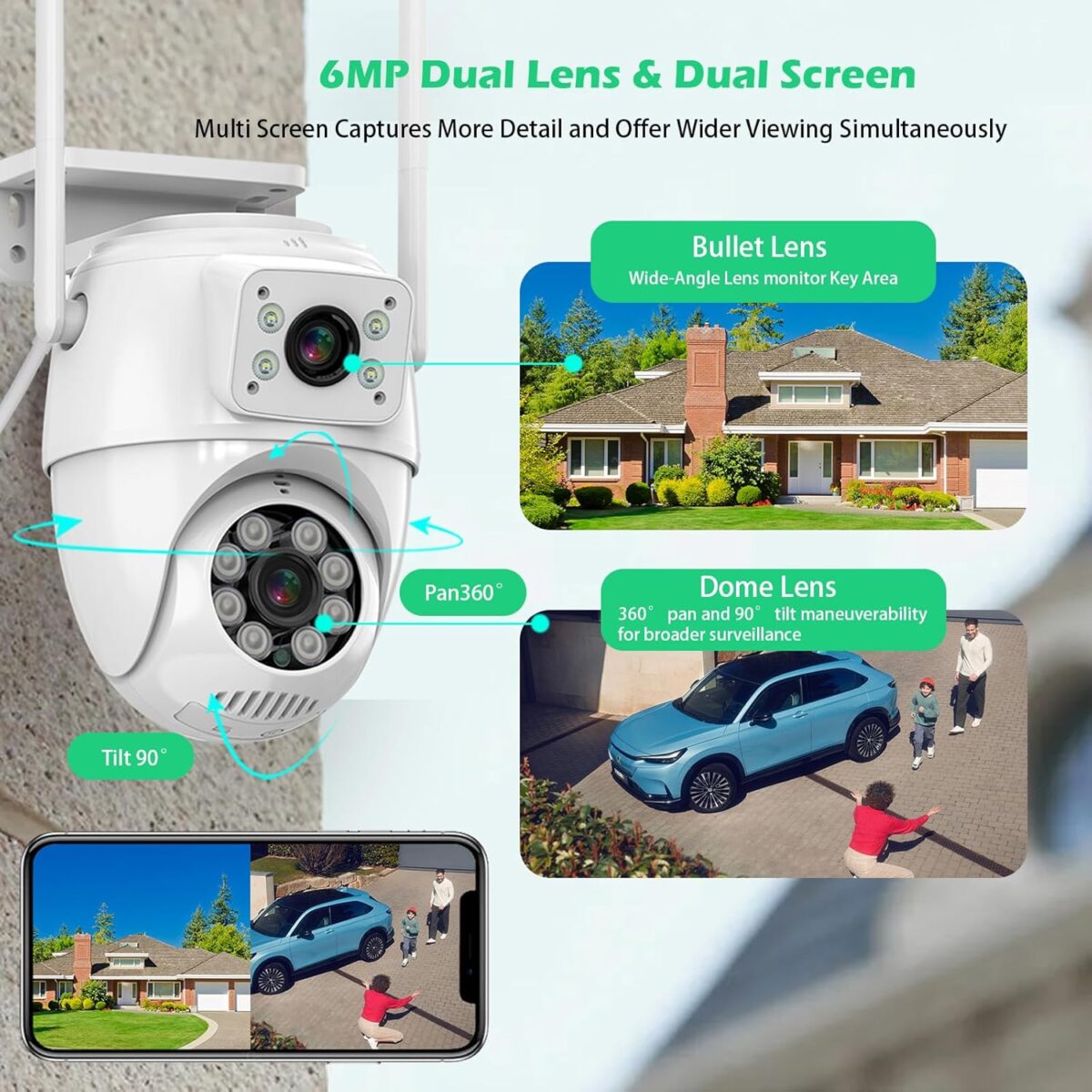 【Dual Lens Linkage】 6MP Security Camera Outdoor WiFi Security CameraOutdoor Camera Wireless360°ViewIP66 WaterproofHuman DetectionTrackingNight Vision247 RecordCorded Power 【Dual Lens Linkage】 6MP Security Camera Outdoor, WiFi Security Camera,Outdoor Camera Wireless,360°View,IP66 Waterproof,Human Detection&Tracking,Night Vision,24/7 Record,Corded Power